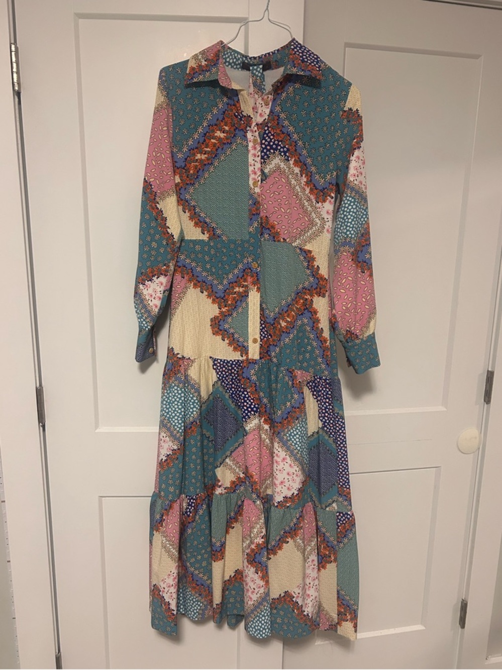 Patchwork Print Long Sleeve Maxi Dress in Teal and Pink